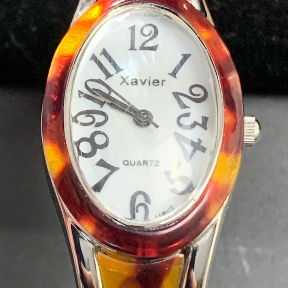Xavier Womens Tortoise Shell Bangle Watch Oval MOP Dial Silver Tone Quartz